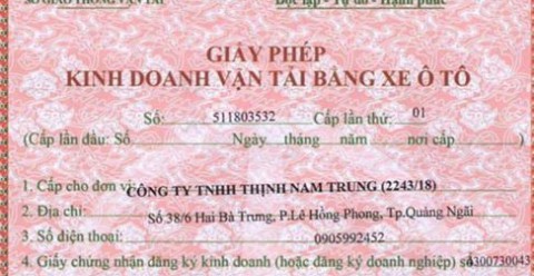 Giấy phép kinh doanh vận tải và giấy phép xe ô tô đi vào đường cấm dành cho Thinh Nam Trung.
